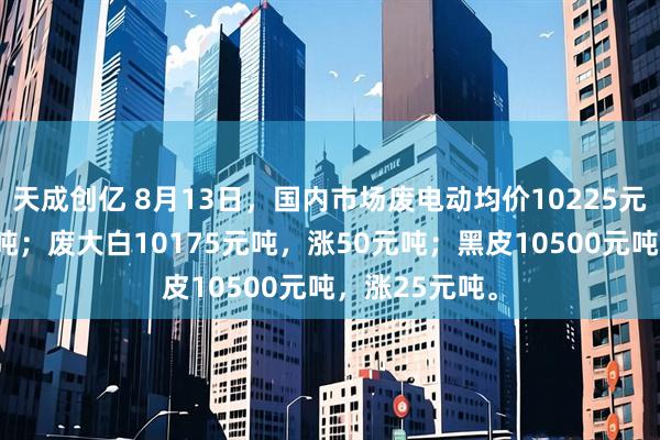 天成创亿 8月13日，国内市场废电动均价10225元吨，涨25元吨；废大白10175元吨，涨50元吨；黑皮10500元吨，涨25元吨。